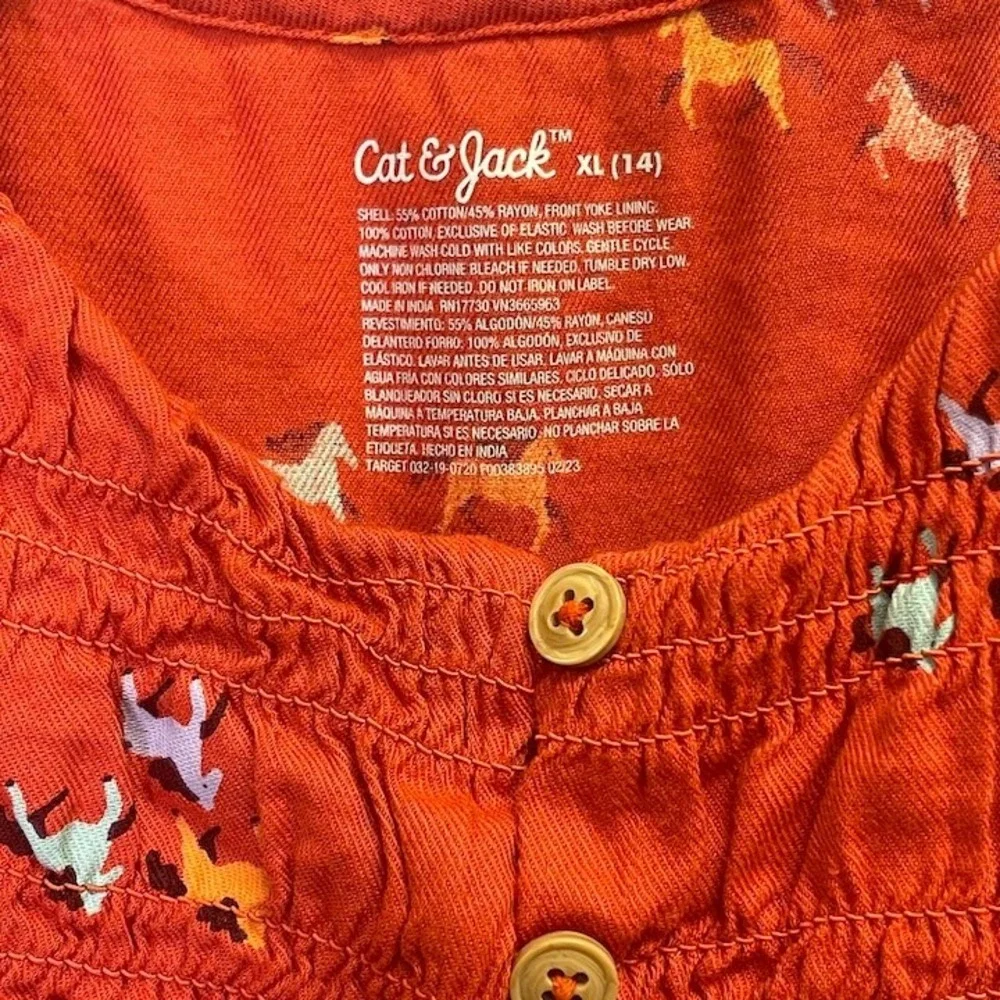 Cat & Jack Rust Orange Smocked Horse Pony Long Sleeved Girl's Dress XL 14